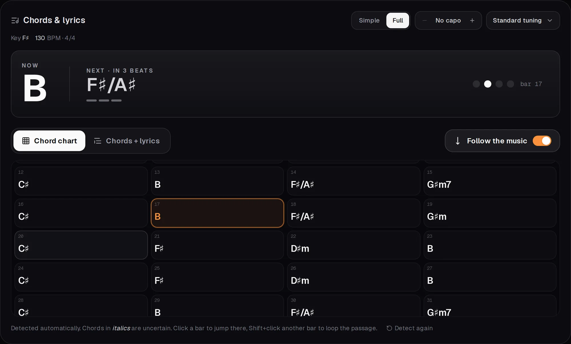 The chord chart: key and tempo, the chord now and next with a beat counter, and the chords bar by bar