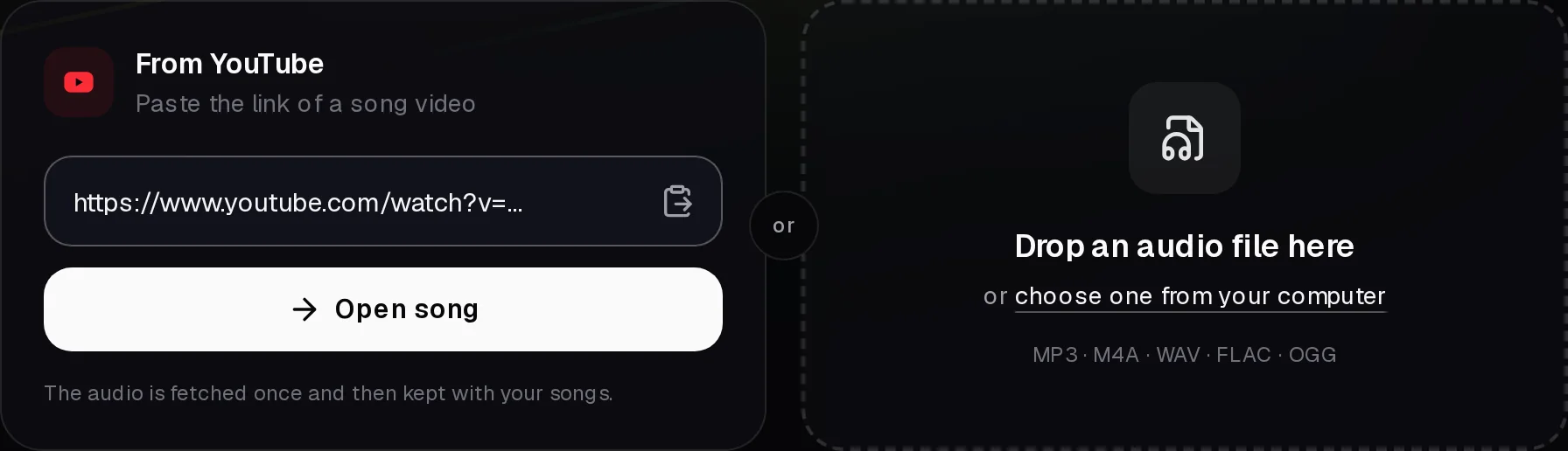 Adding a song: a field for a YouTube link and a drop zone for audio files