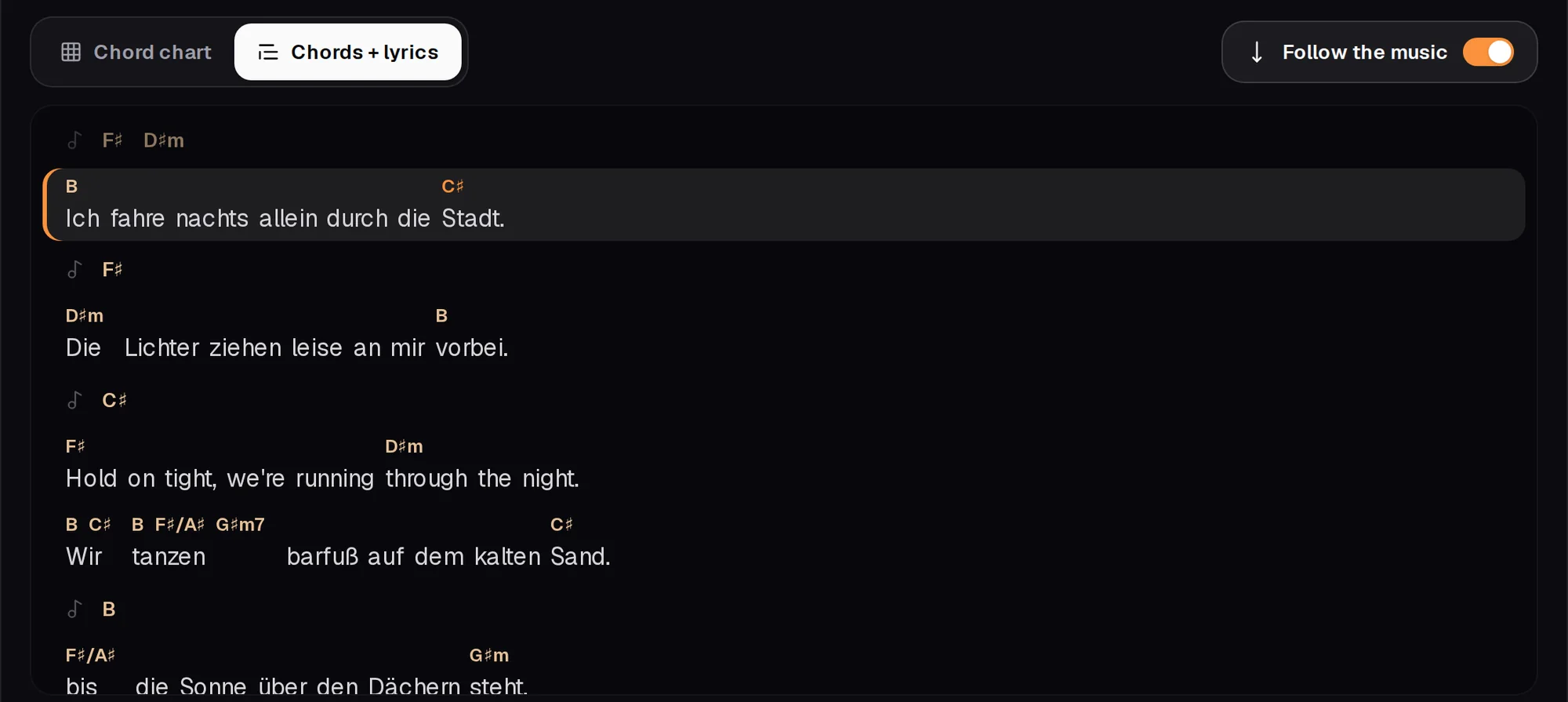 The lyrics with the chords above the words, following the song