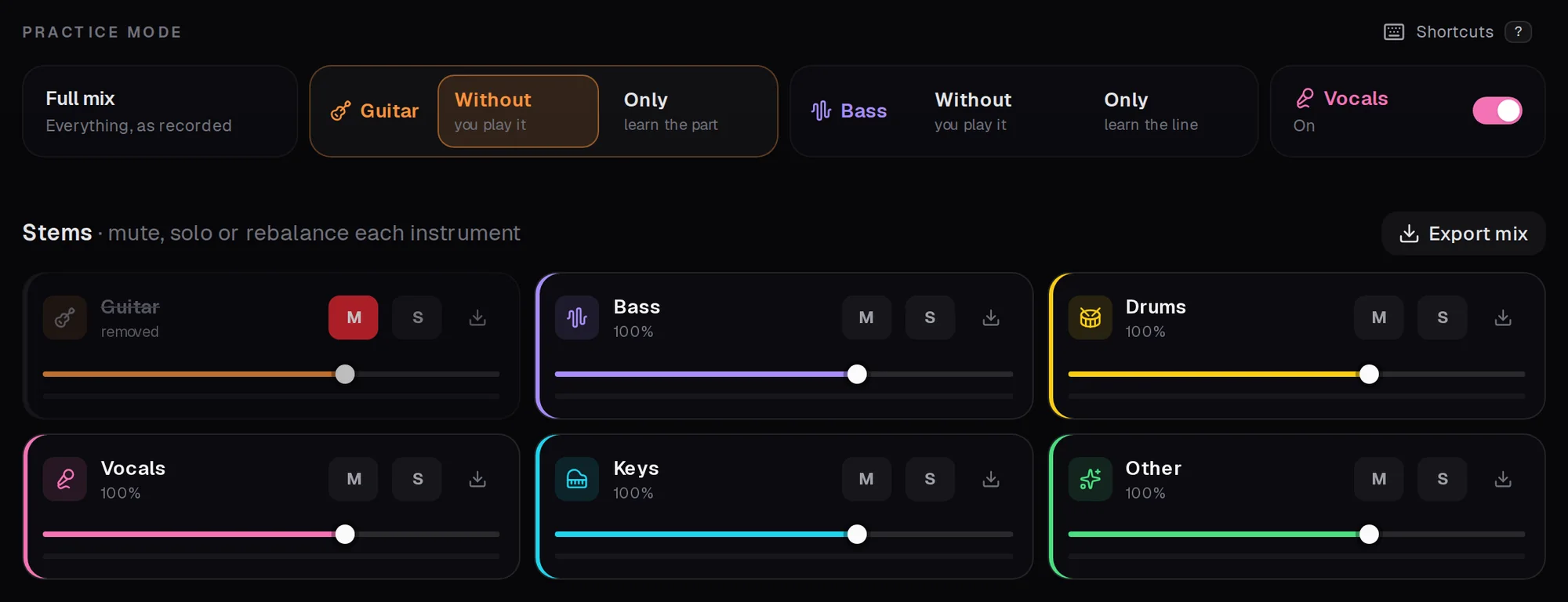 Practice modes (guitar or bass without or only, vocals on or off) and the six instrument tracks with their faders