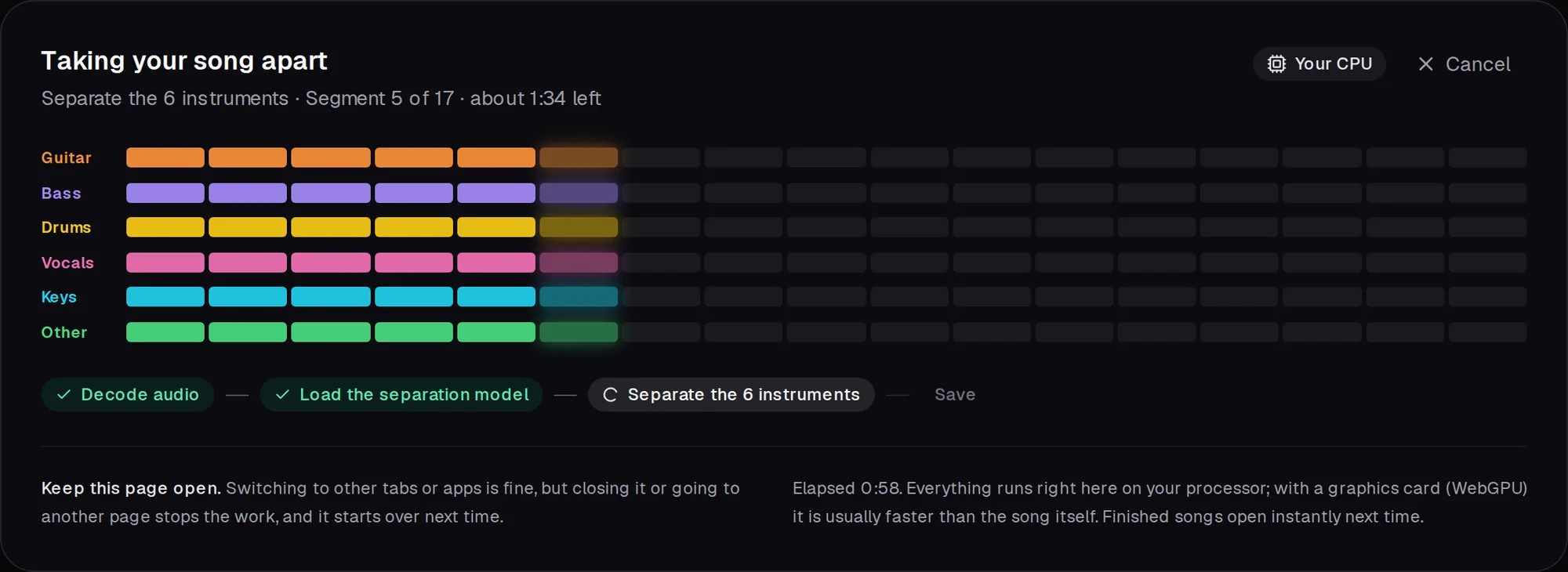 The song being taken apart: one row of blocks per instrument filling up